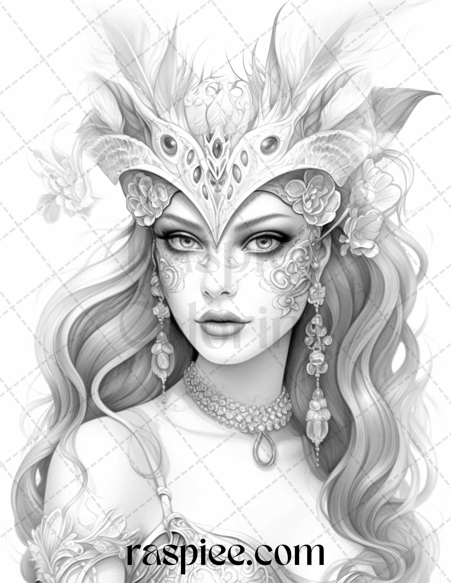 40 Masquerade Girls Grayscale Coloring Pages Printable for Adults, PDF File Instant Download