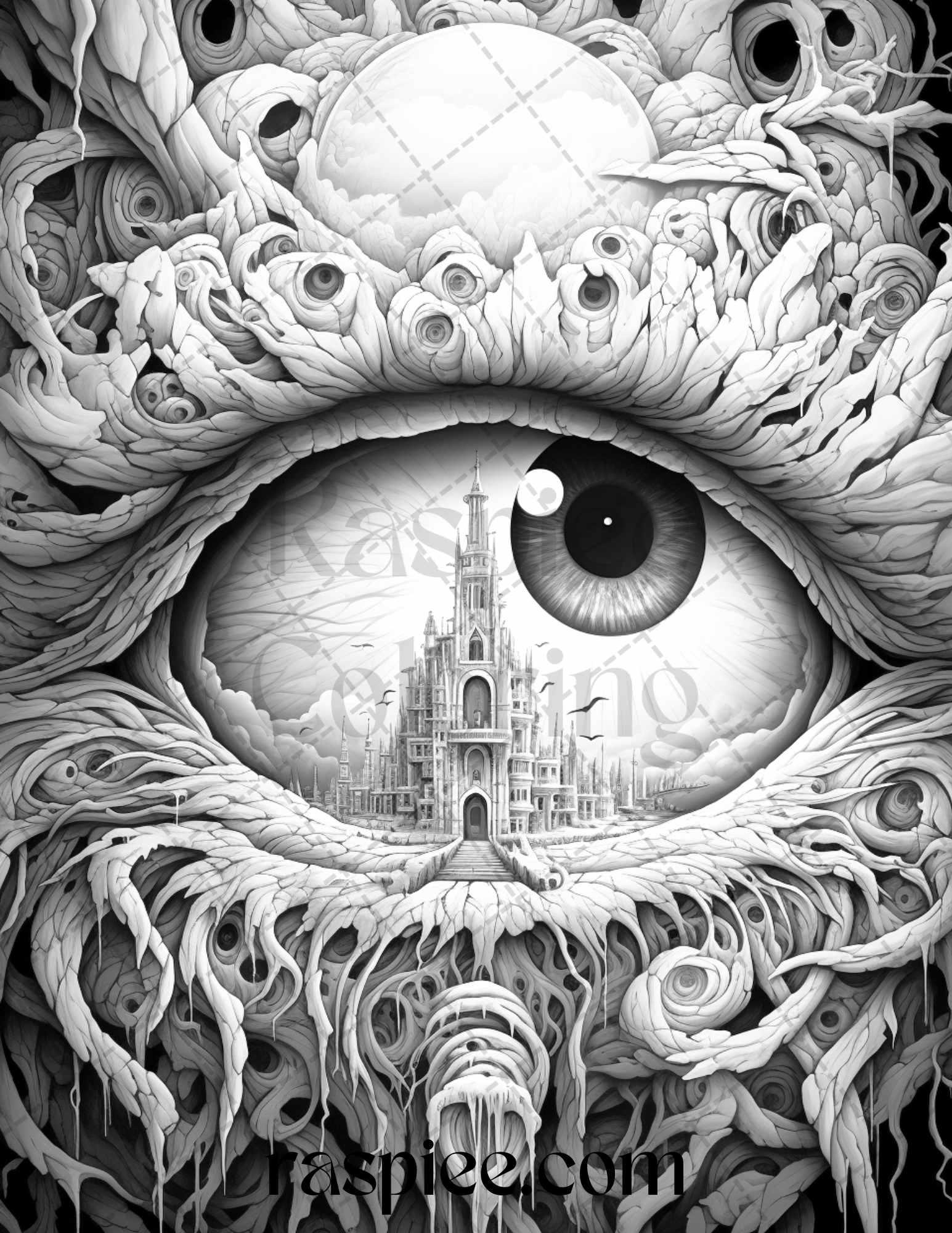 40 Surrealism Eyes Grayscale Coloring Pages Printable for Adults, PDF File Instant Download