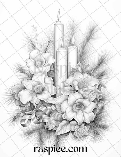 45 Christmas Flowers Grayscale Coloring Pages Printable for Adults, PDF File Instant Download