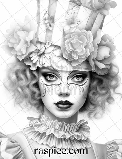 42 Beautiful Clown Girls Grayscale Coloring Pages Printable for Adults, PDF File Instant Download