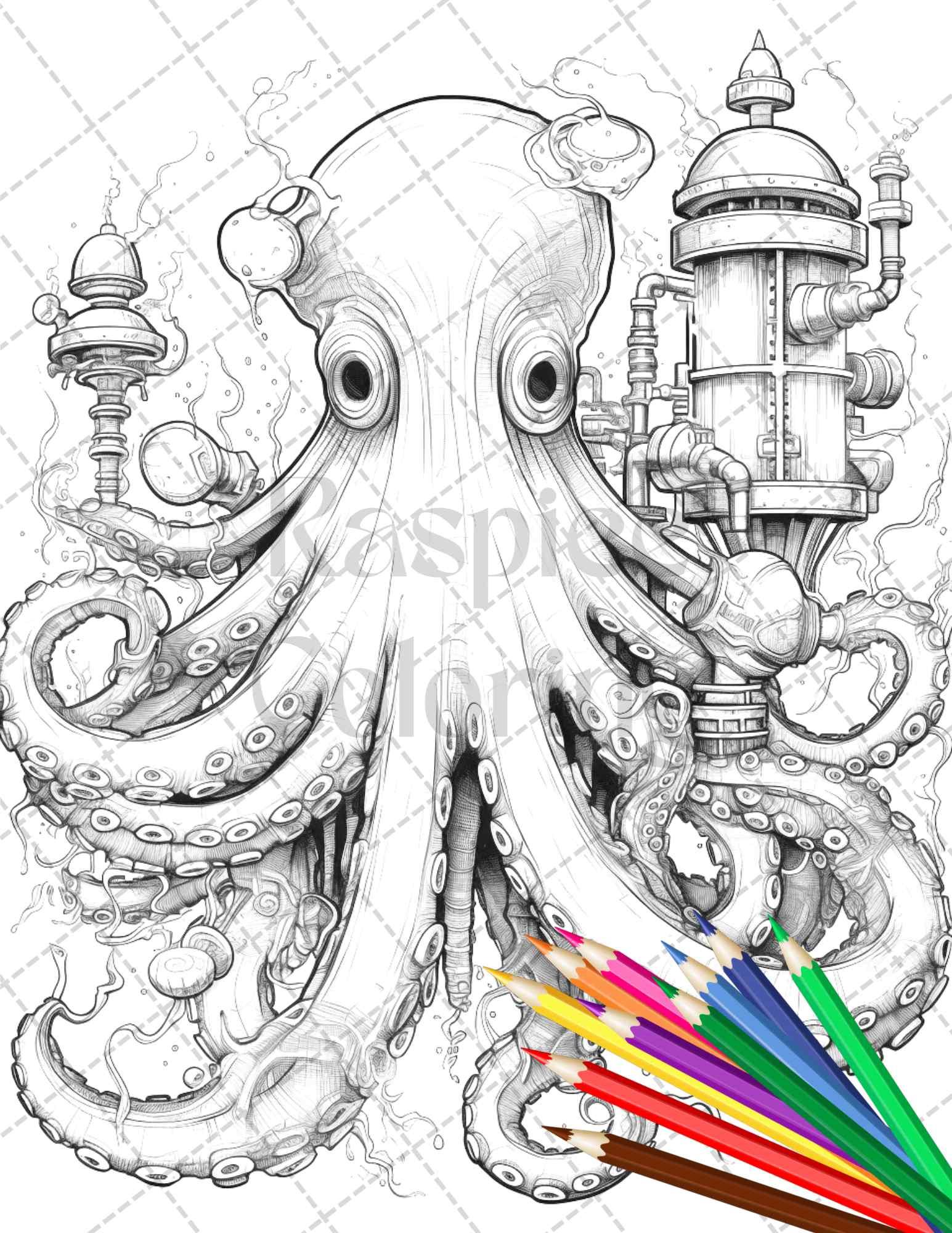 45 Steampunk Animals Grayscale Coloring Pages Printable for Adults Vol. 2, PDF File Instant Download