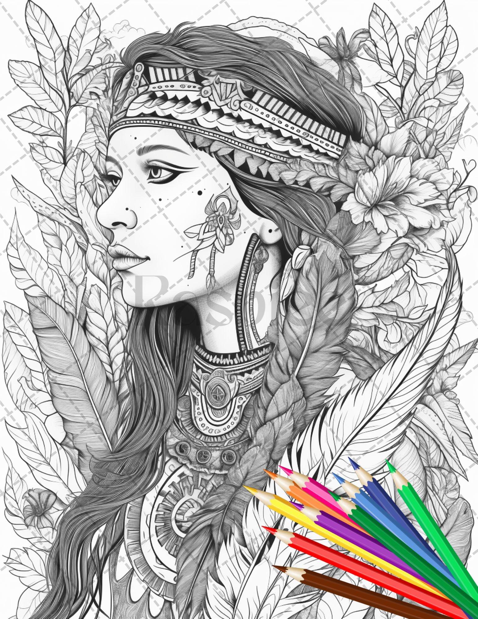 30 Native American Girls Printable Coloring Pages for Adult, Native American Culture Grayscale Coloring Book, Printable PDF File Download