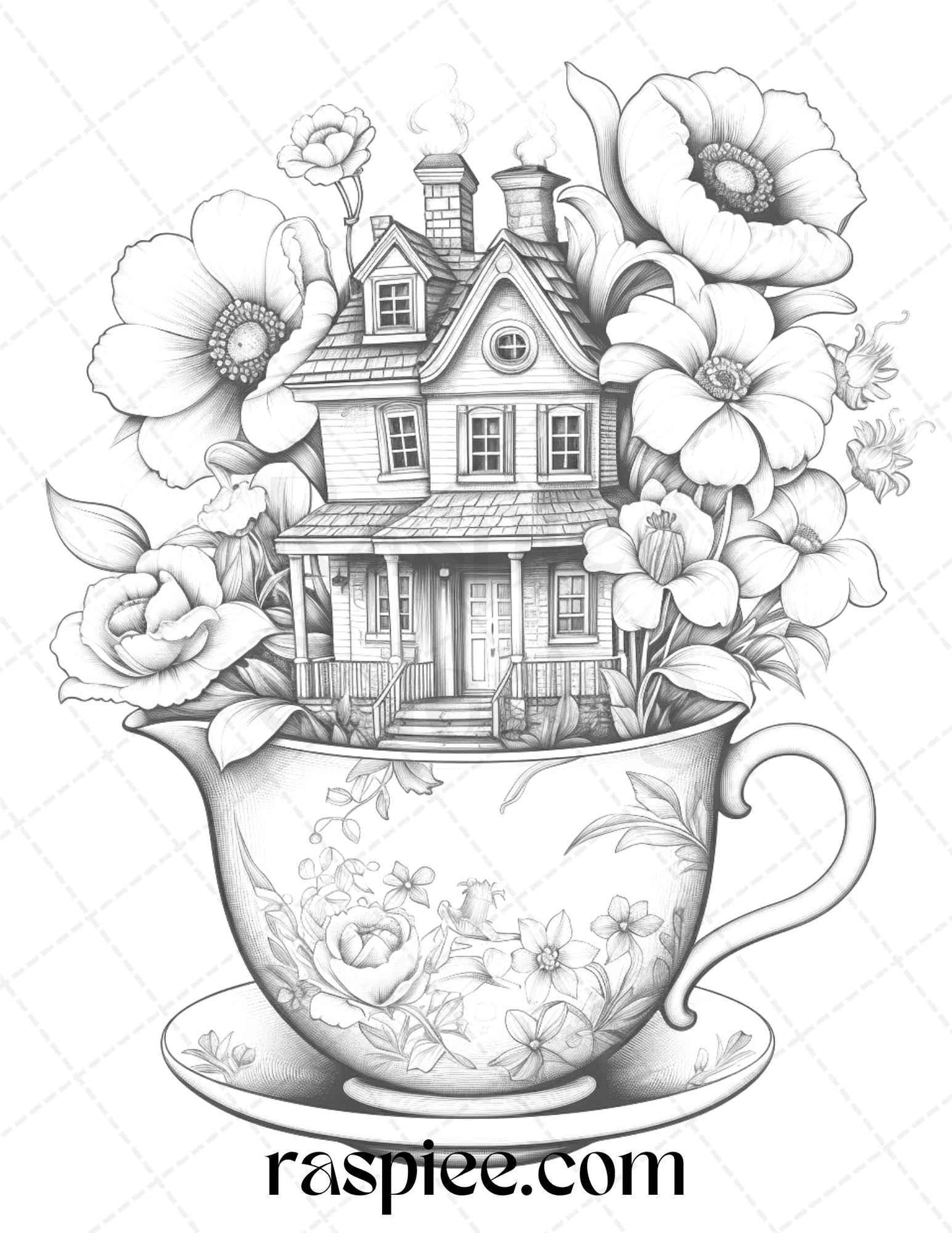 40 Flower Teacup Fairy Houses Grayscale Coloring Pages Printable for Adults, PDF File Instant Download