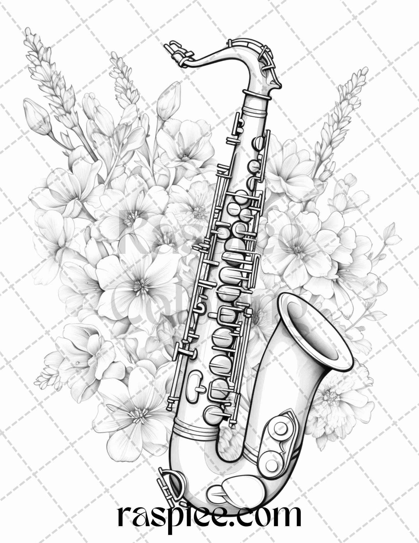 30 Musical Instrument Flower Grayscale Coloring Pages Printable for Adults, PDF File Instant Download