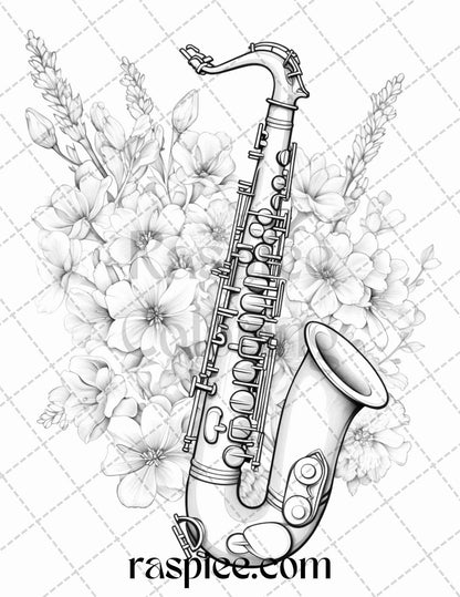 30 Musical Instrument Flower Grayscale Coloring Pages Printable for Adults, PDF File Instant Download