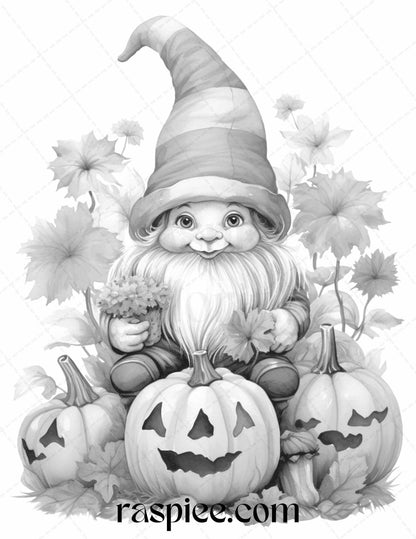 40 Fall Gnomes Grayscale Coloring Pages Printable for Adults Kids, PDF File Instant Download