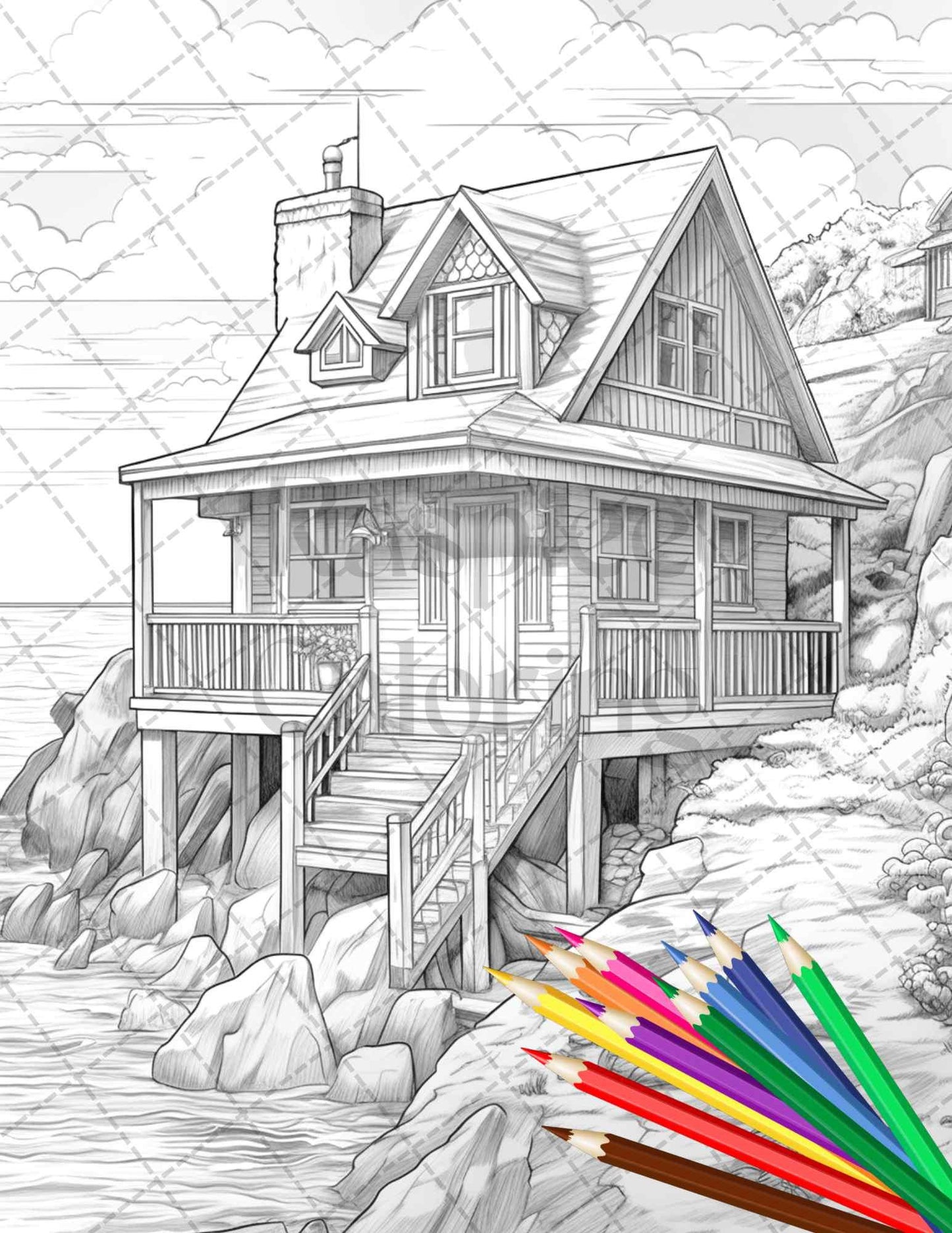 42 Wooden Beach Houses Grayscale Coloring Pages Printable for Adults, PDF File Instant Download