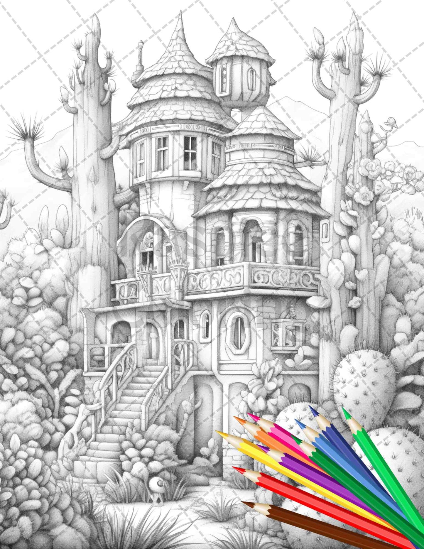 46 Fantasy Cactus Houses Grayscale Coloring Pages Printable for Adults, PDF File Instant Download