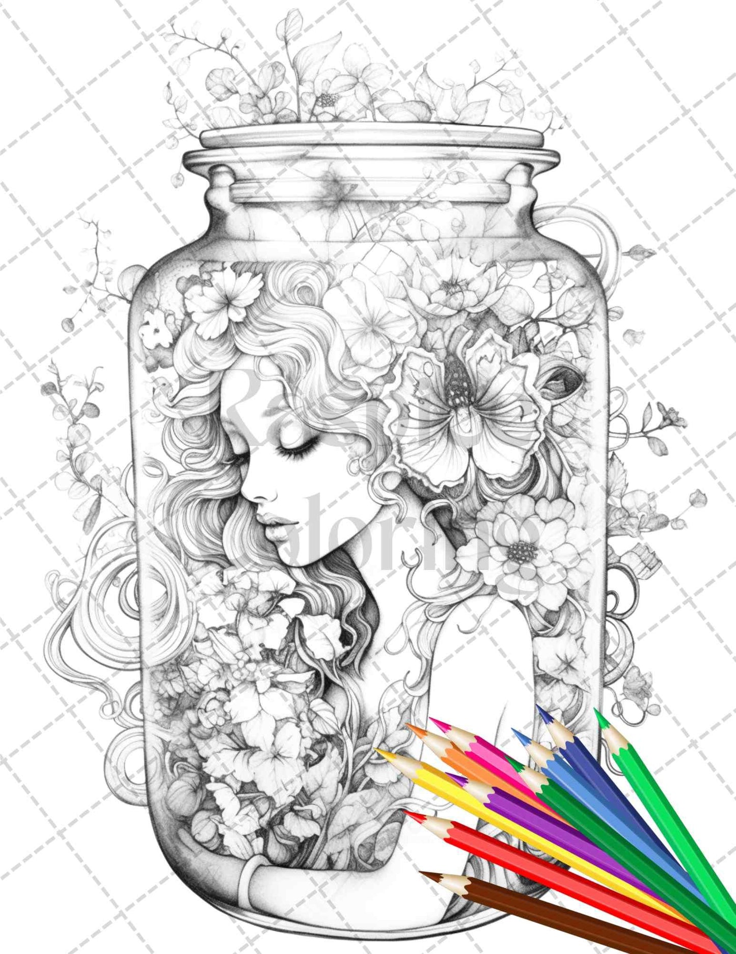 40 Beautiful Fairies in Jar Grayscale Coloring Pages Printable for Adults, PDF File Instant Download