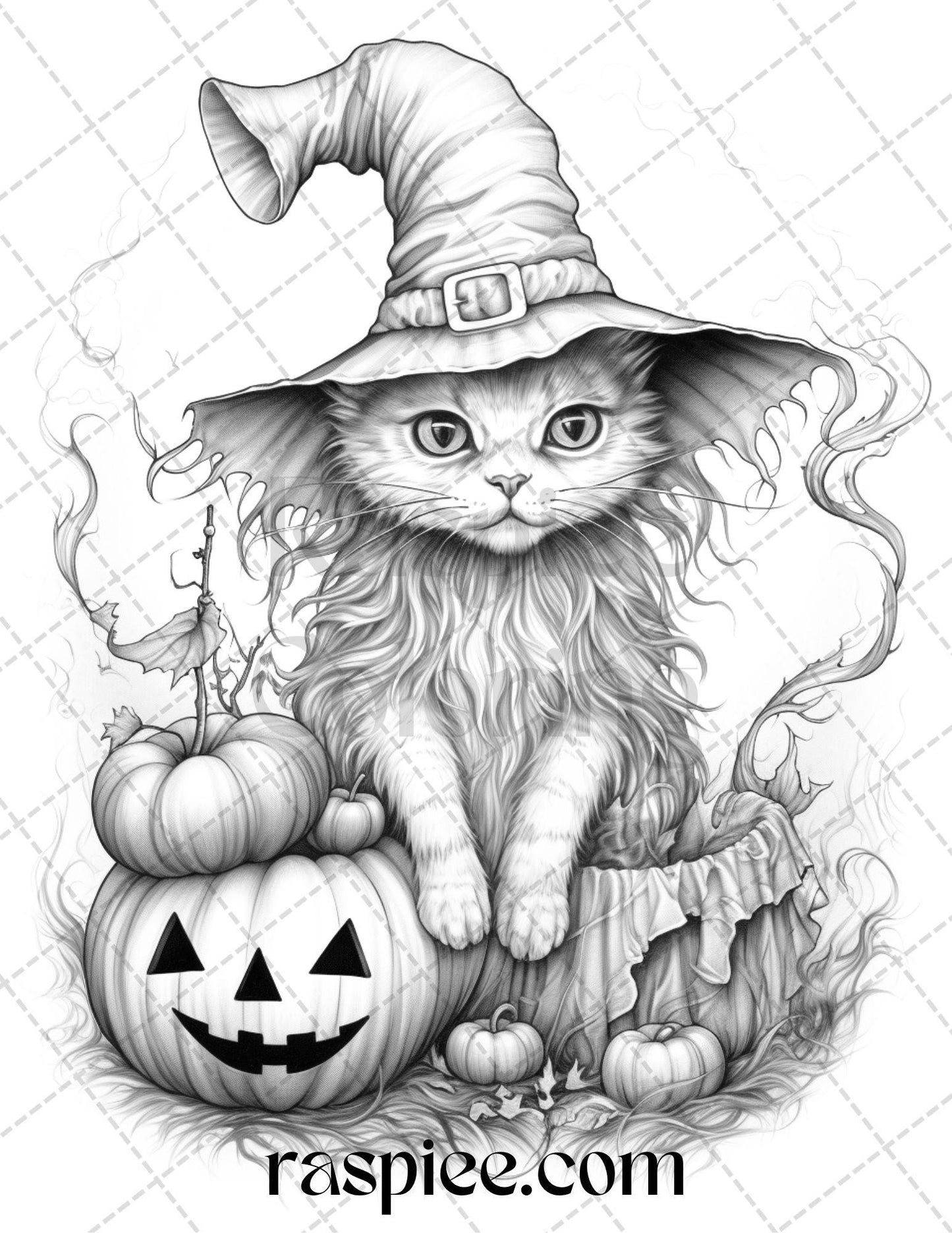 40 Halloween Witch Cat Grayscale Coloring Pages Printable for Adults, PDF File Instant Download