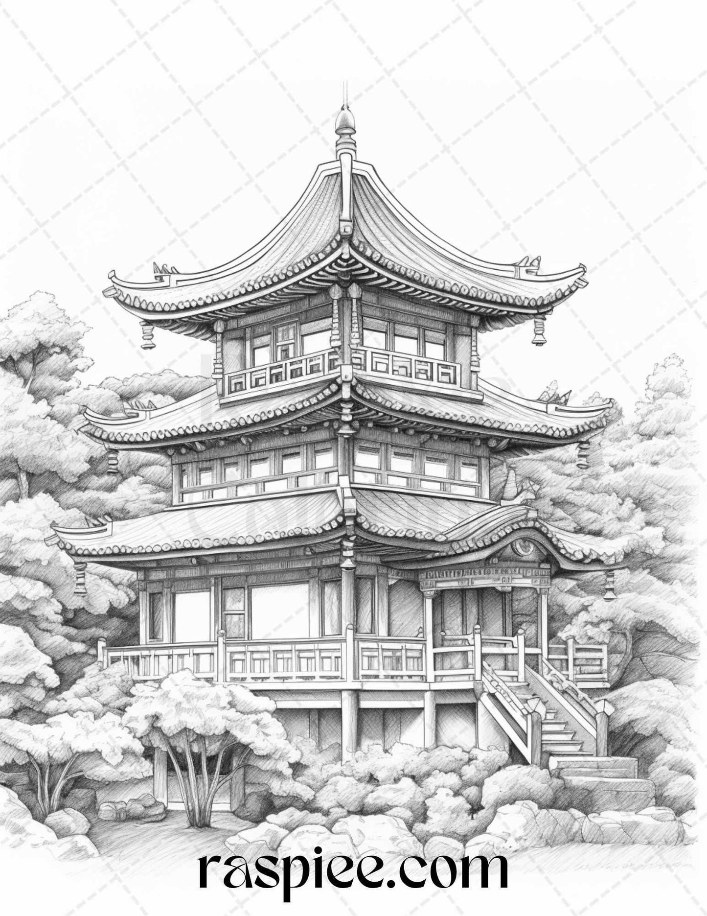 40 Traditional Chinese Houses Grayscale Coloring Pages Printable for Adults, PDF File Instant Download