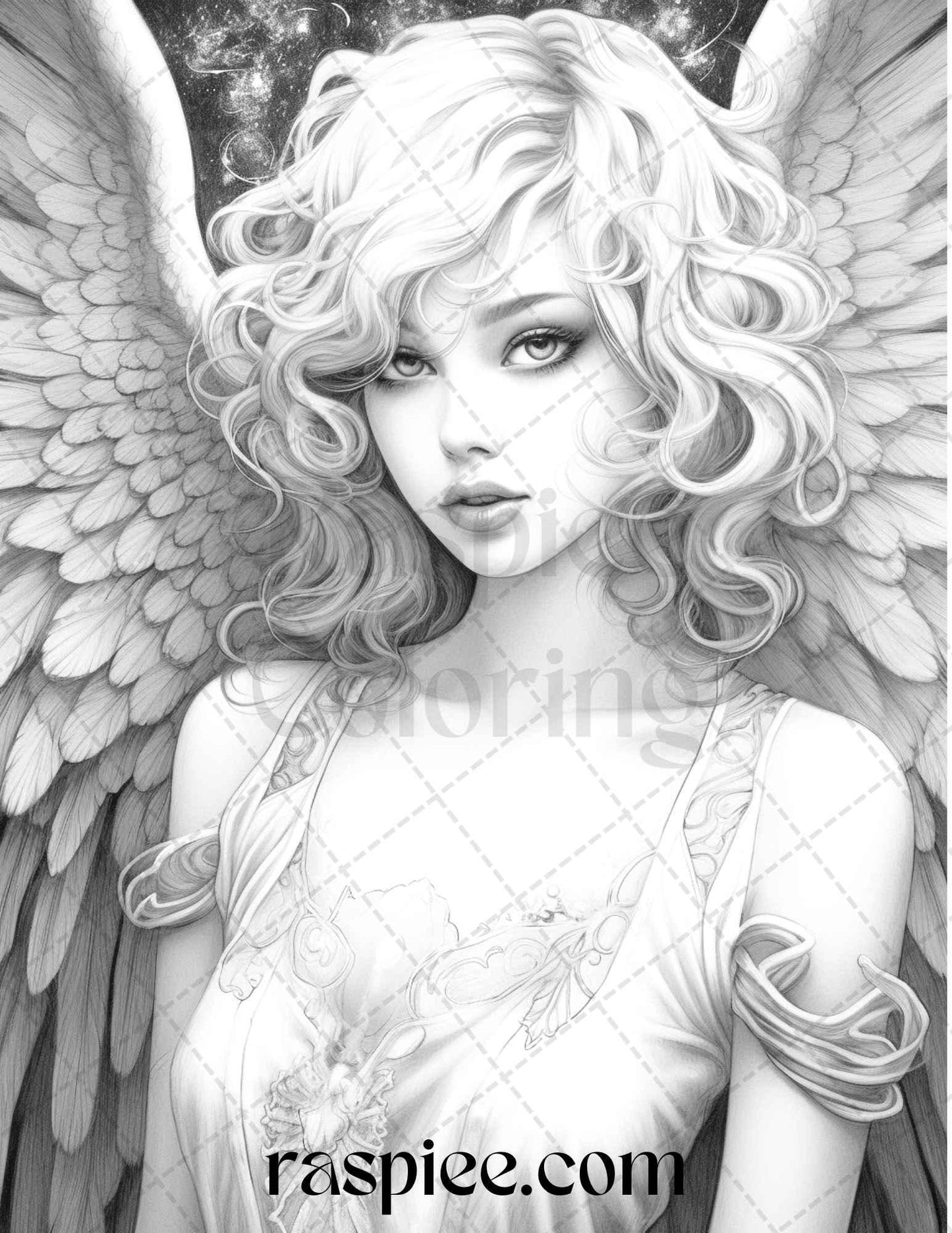 42 Enchanting Angels Grayscale Coloring Pages Printable for Adults, PDF File Instant Download