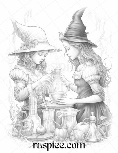 40 Witchy Land Grayscale Coloring Pages Printable for Adults, PDF File Instant Download