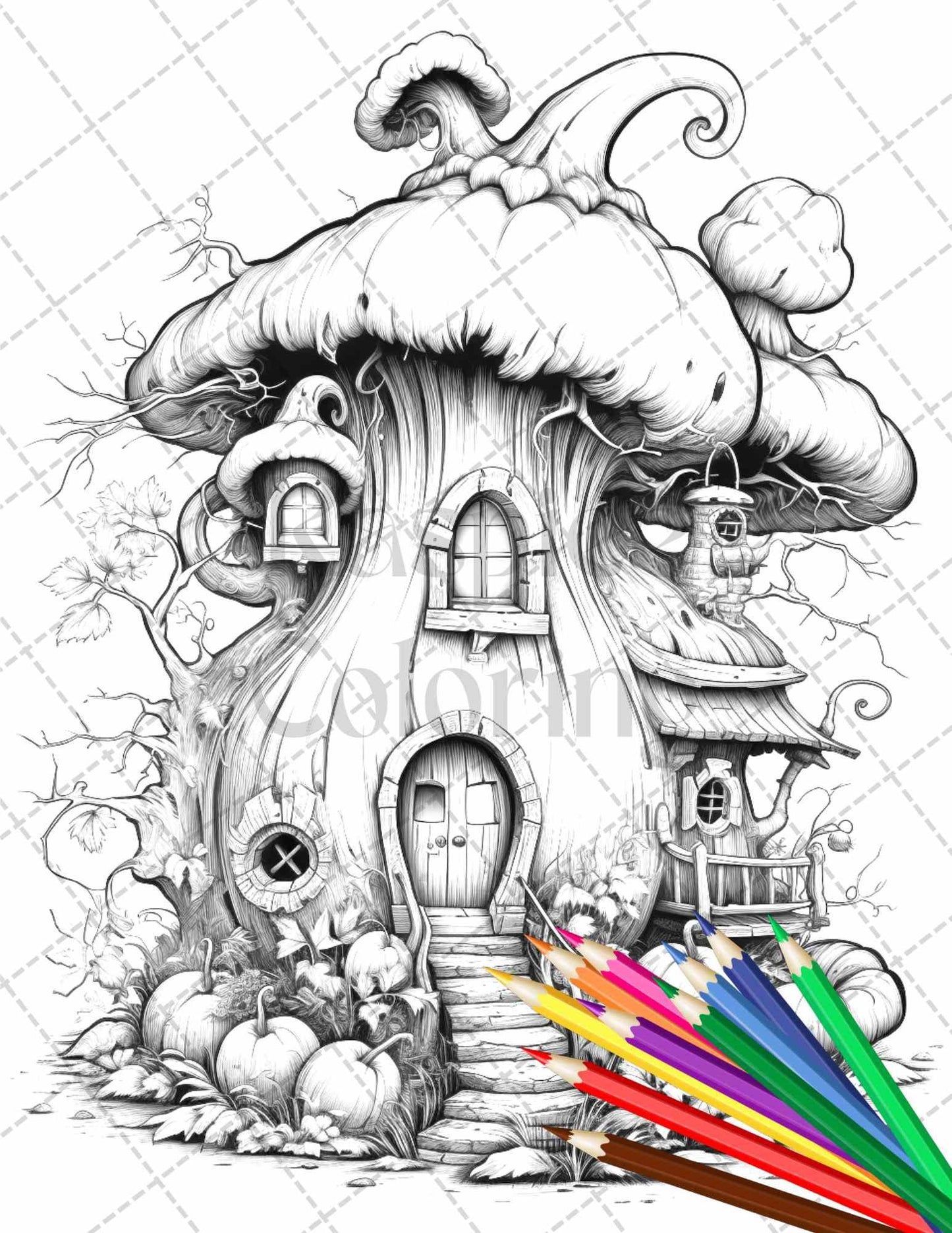 40 Pumpkin Fairy Houses Grayscale Coloring Pages Printable for Adults, PDF File Instant Download