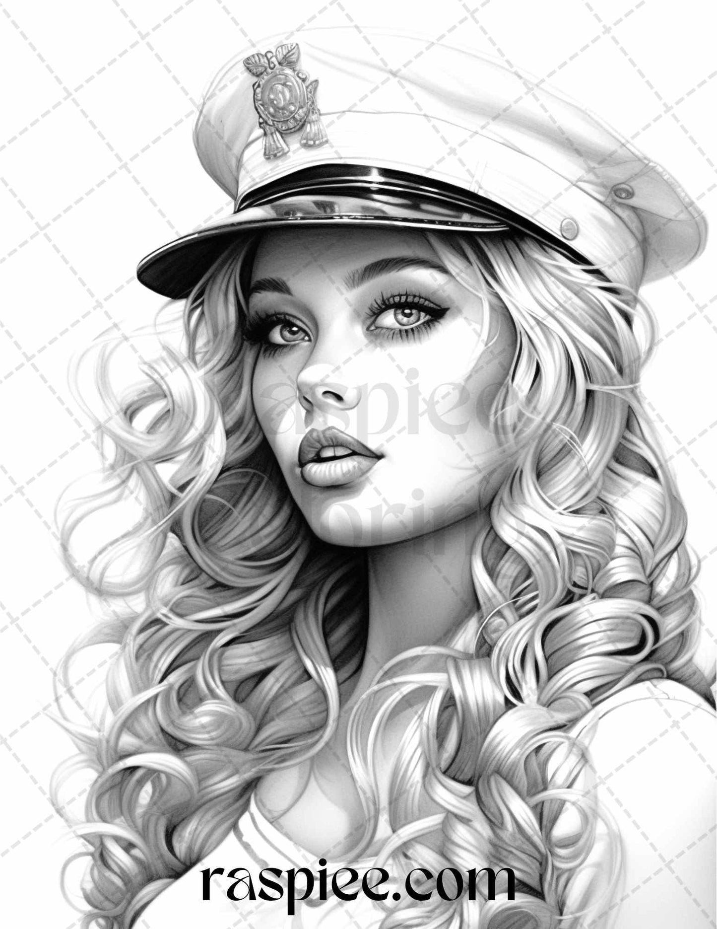 40 Sailor Pin Up Girls Grayscale Coloring Pages Printable for Adults, PDF File Instant Download