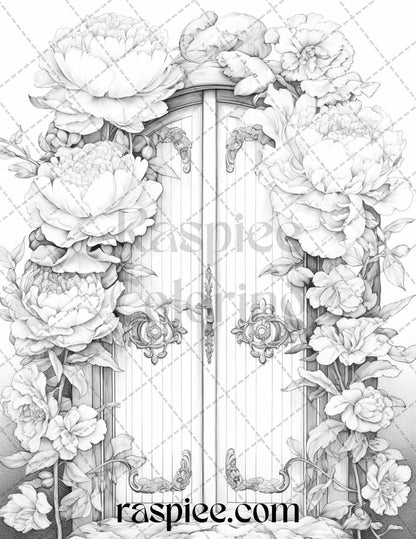 40 Flower Fairy Doors Grayscale Coloring Pages Printable for Adults, PDF File Instant Download