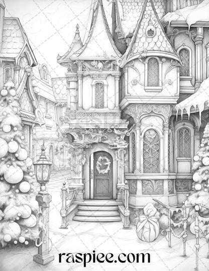 42 Fantasy Christmas Houses Grayscale Coloring Pages Printable for Adults, PDF File Instant Download