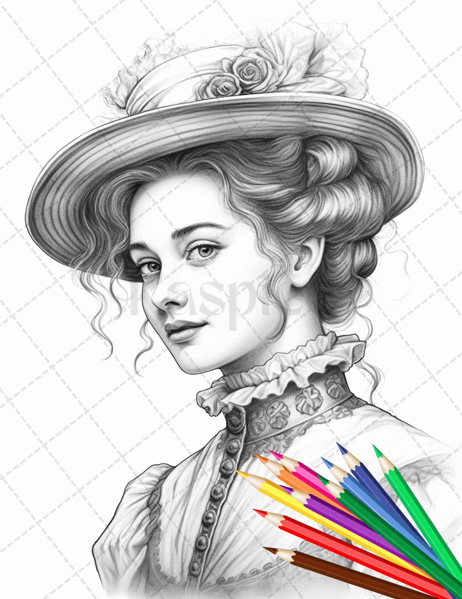 43 Beautiful Victorian Women Grayscale Coloring Pages Printable for Adults, PDF File Instant Download