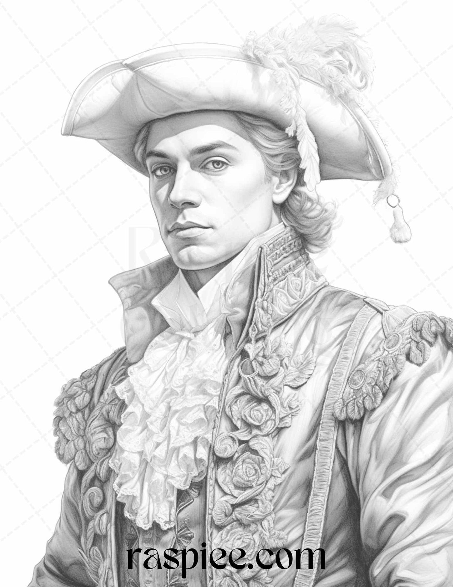 50 Baroque Man Portrait Grayscale Graysale Coloring Pages Printable for Adults, PDF File Instant Download