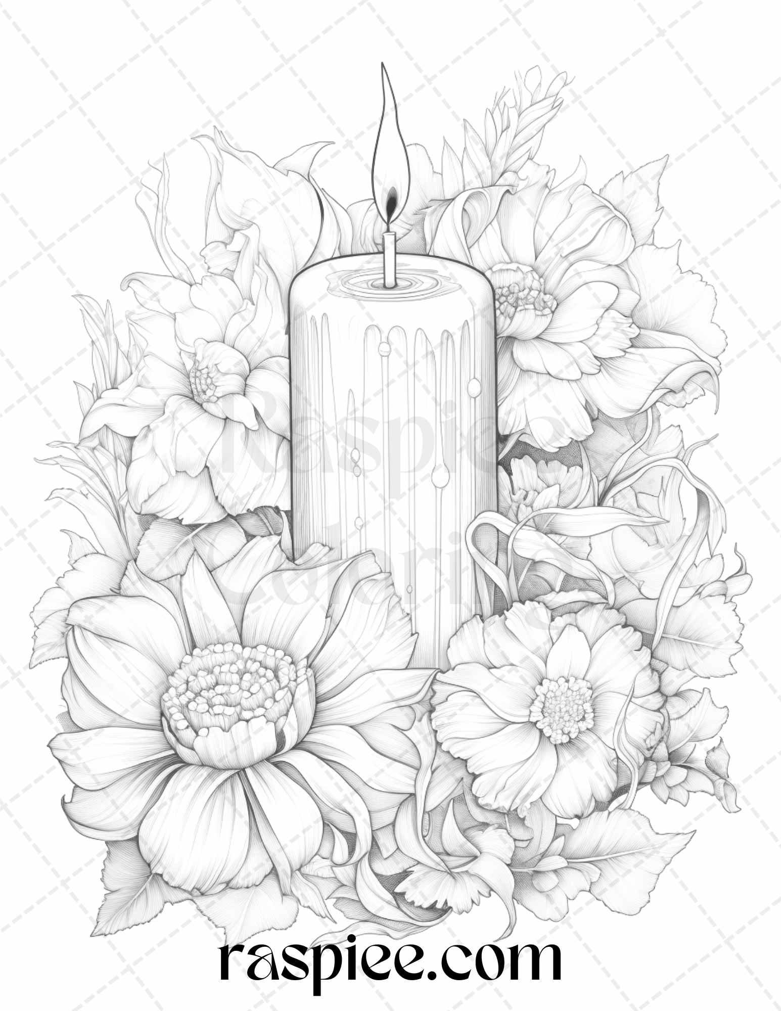 40 Flower Candles Grayscale Coloring Pages Printable for Adults, PDF File Instant Download