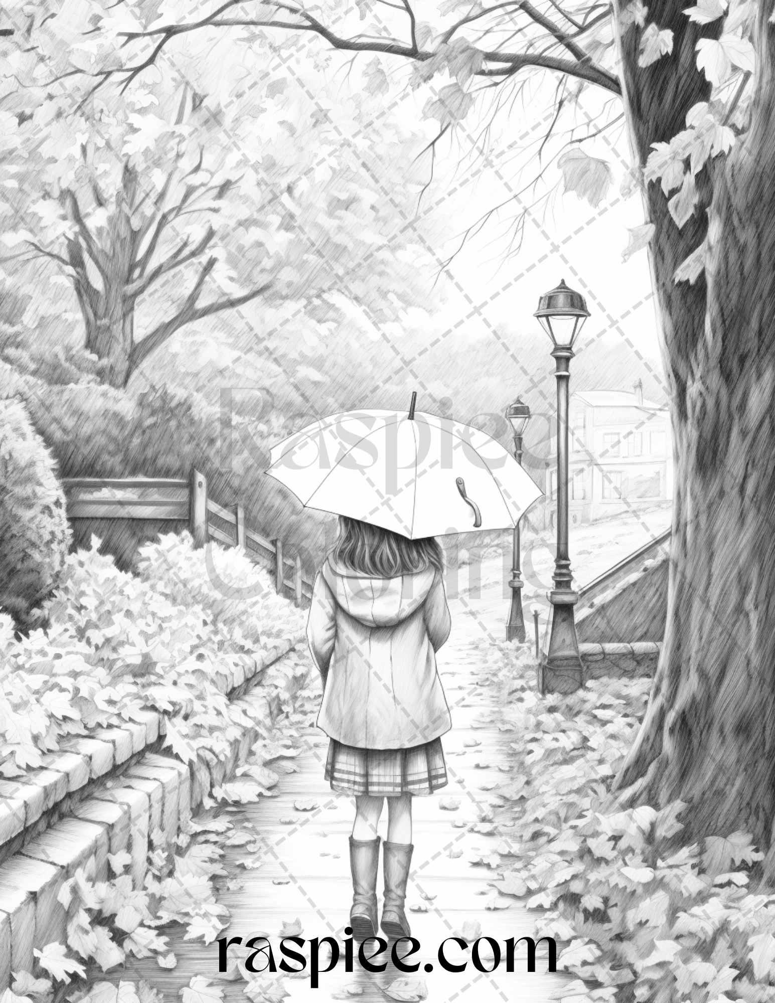 40 Rainy Autumn Day Grayscale Coloring Pages Printable for Adults and Kids, PDF File Instant Download