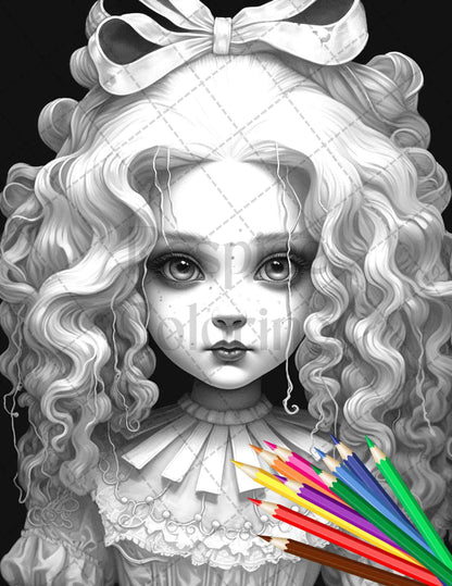 40 Creepy Porcelain Dolls Grayscale Coloring Pages for Adults, PDF File Instant Download