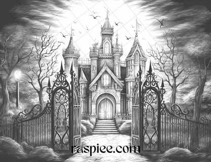 40 Halloween Landscapes Grayscale Coloring Pages Printable for Adults, PDF File Instant Download