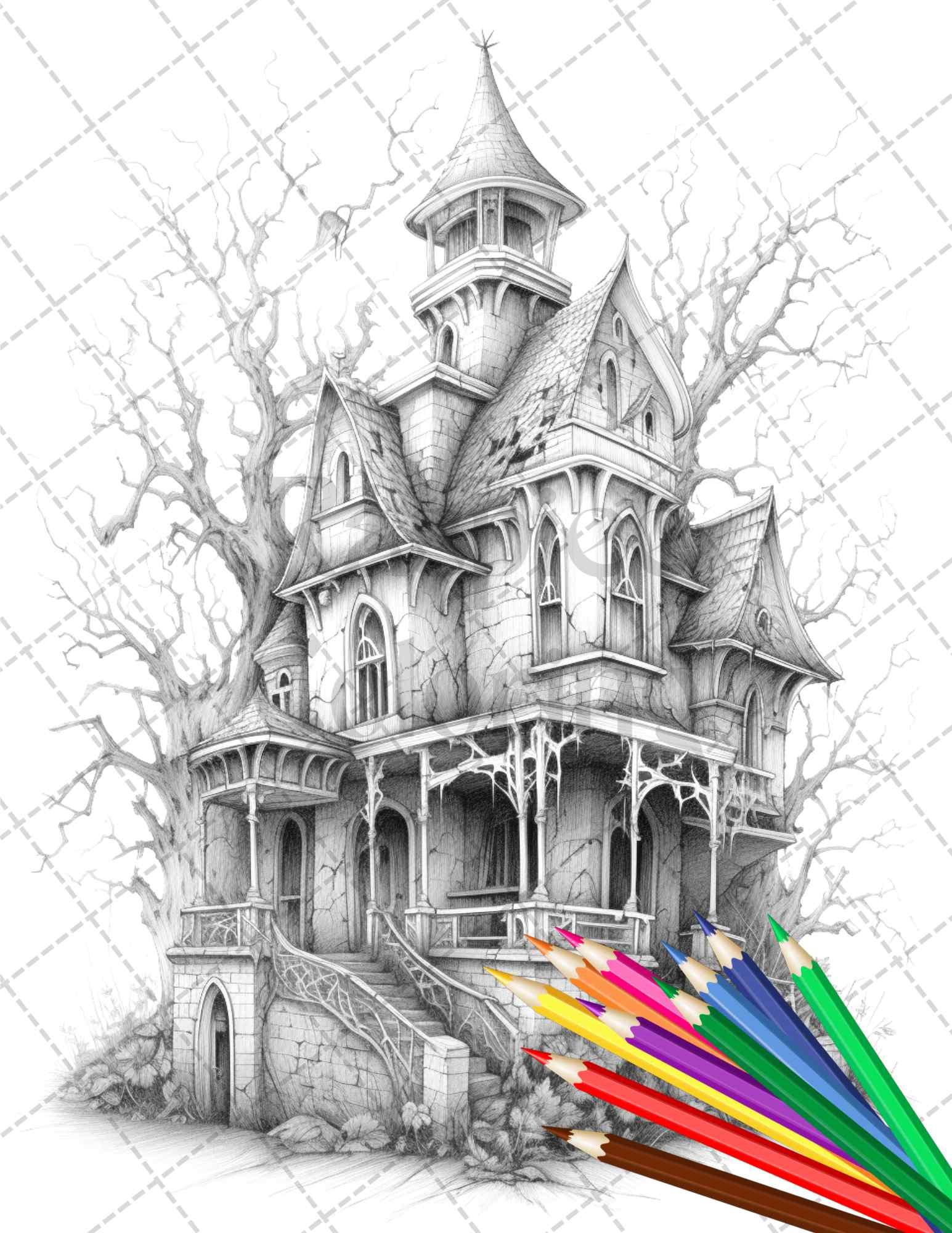 40 Creepy Gothic Houses Grayscale Coloring Pages Printable for Adults, PDF File Instant Download