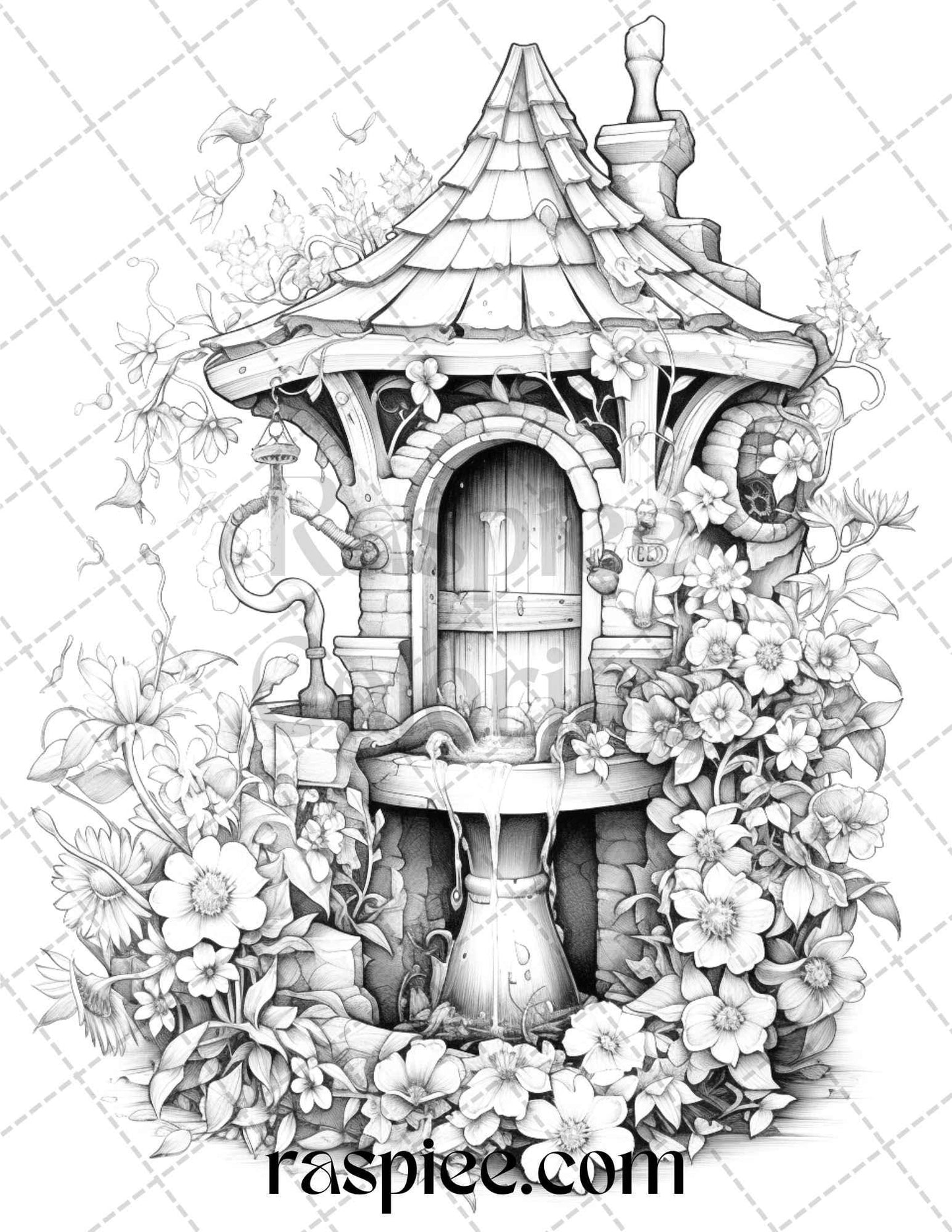 40 Whimsical Wishing Wells Grayscale Coloring Pages Printable for Adults, PDF File Instant Download