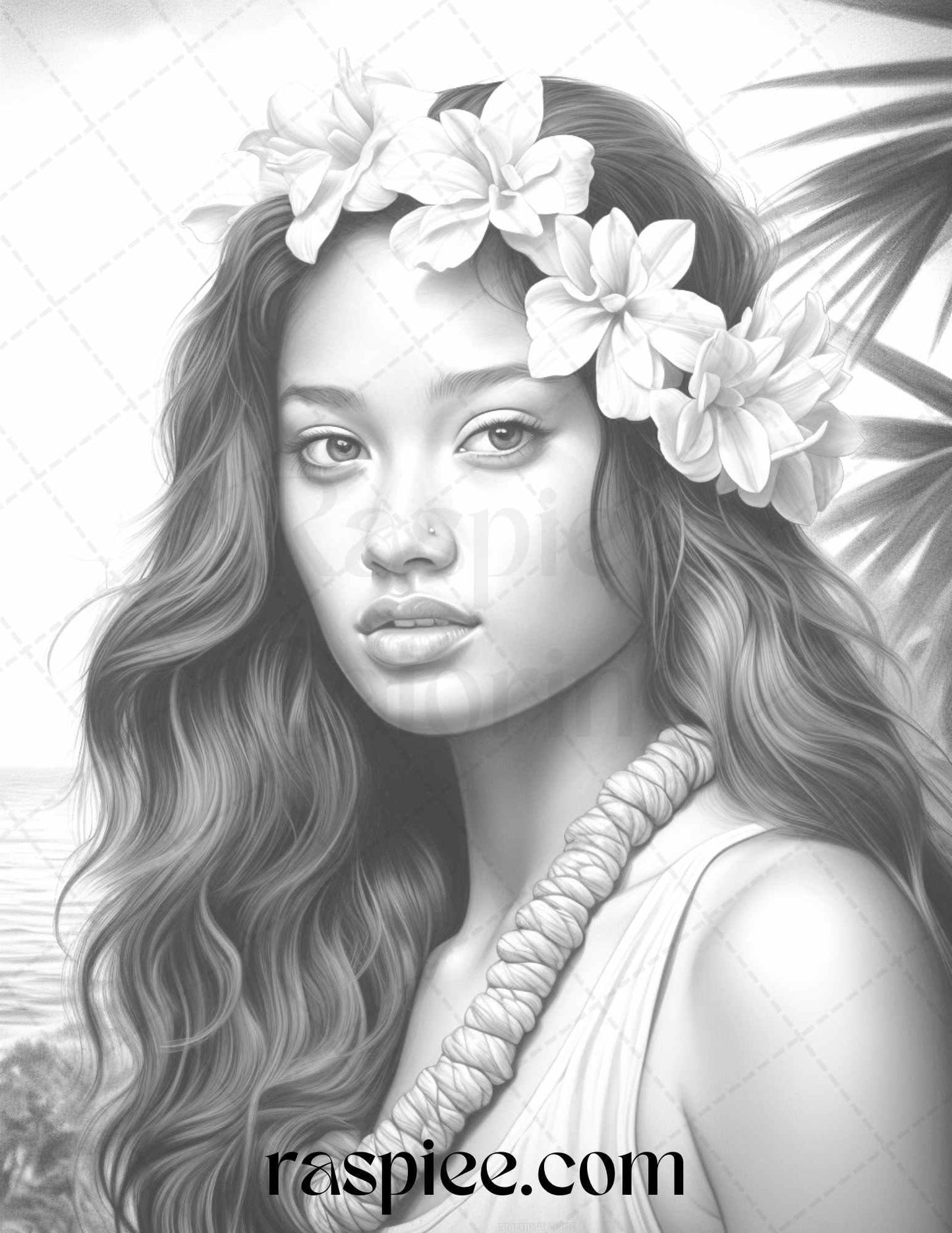 40 Hawaiian Girls Grayscale Coloring Pages Printable for Adults, PDF File Instant Download