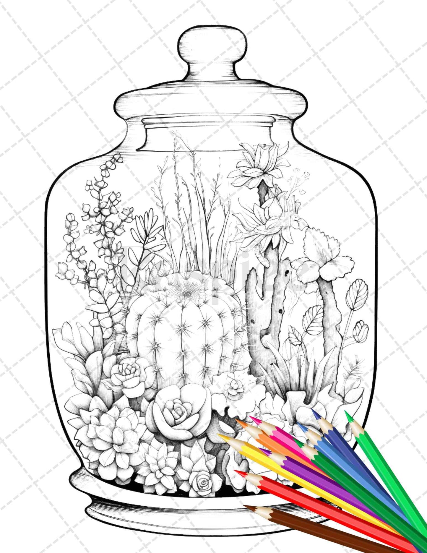 34 Enchanted Terrarium Grayscale Coloring Pages Printable for Adults, PDF File Instant Download