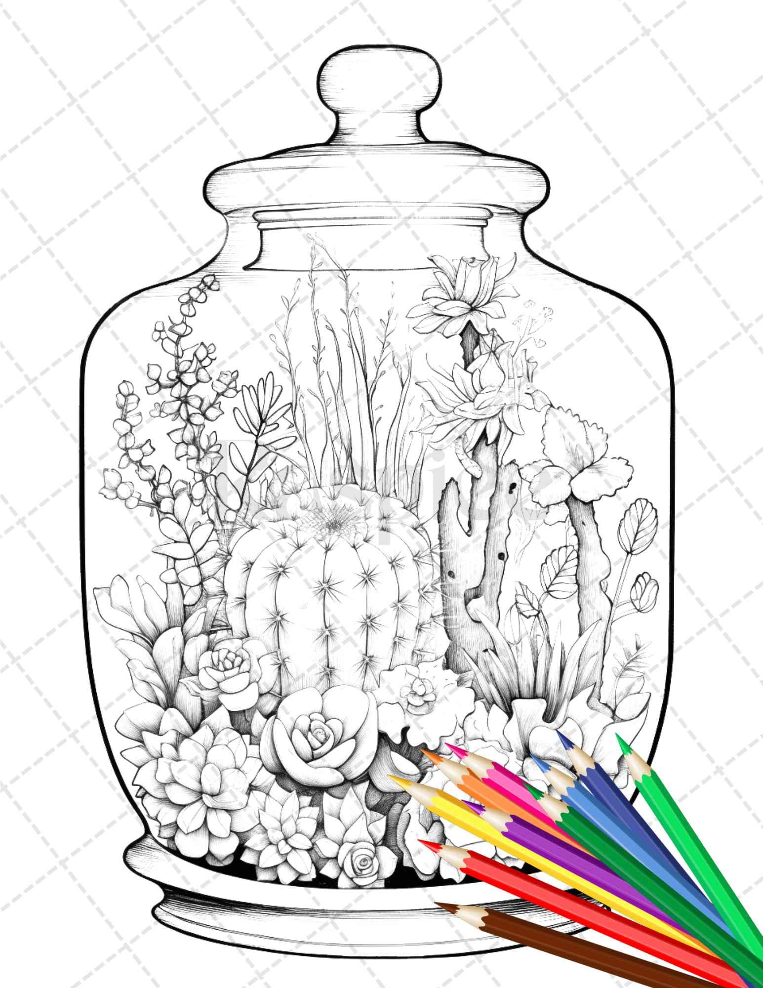 34 Enchanted Terrarium Grayscale Coloring Pages Printable for Adults, PDF File Instant Download