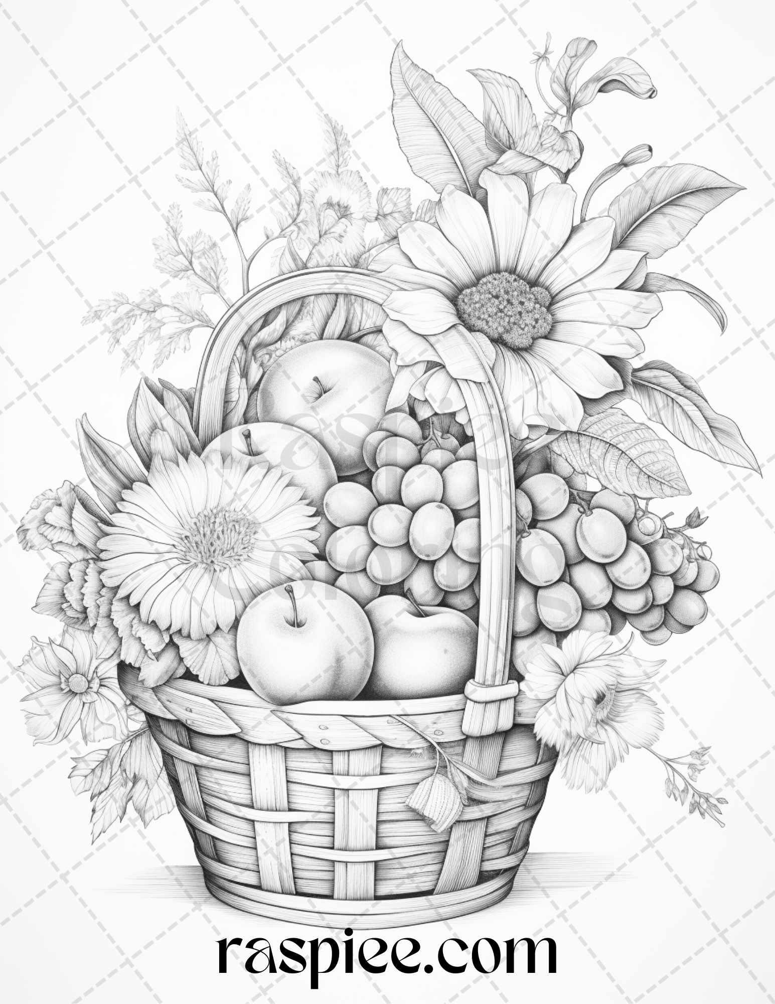 40 Fruit Basket Grayscale Coloring Pages Printable for Adults, PDF File Instant Download