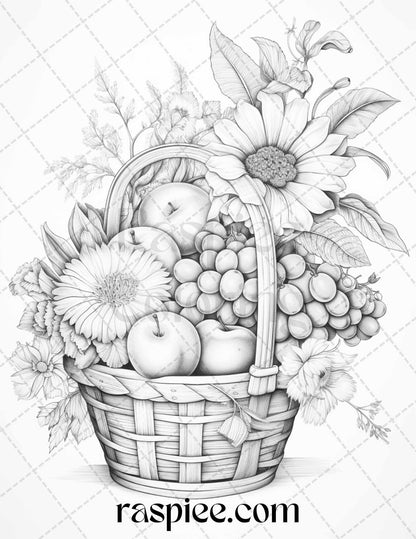 40 Fruit Basket Grayscale Coloring Pages Printable for Adults, PDF File Instant Download