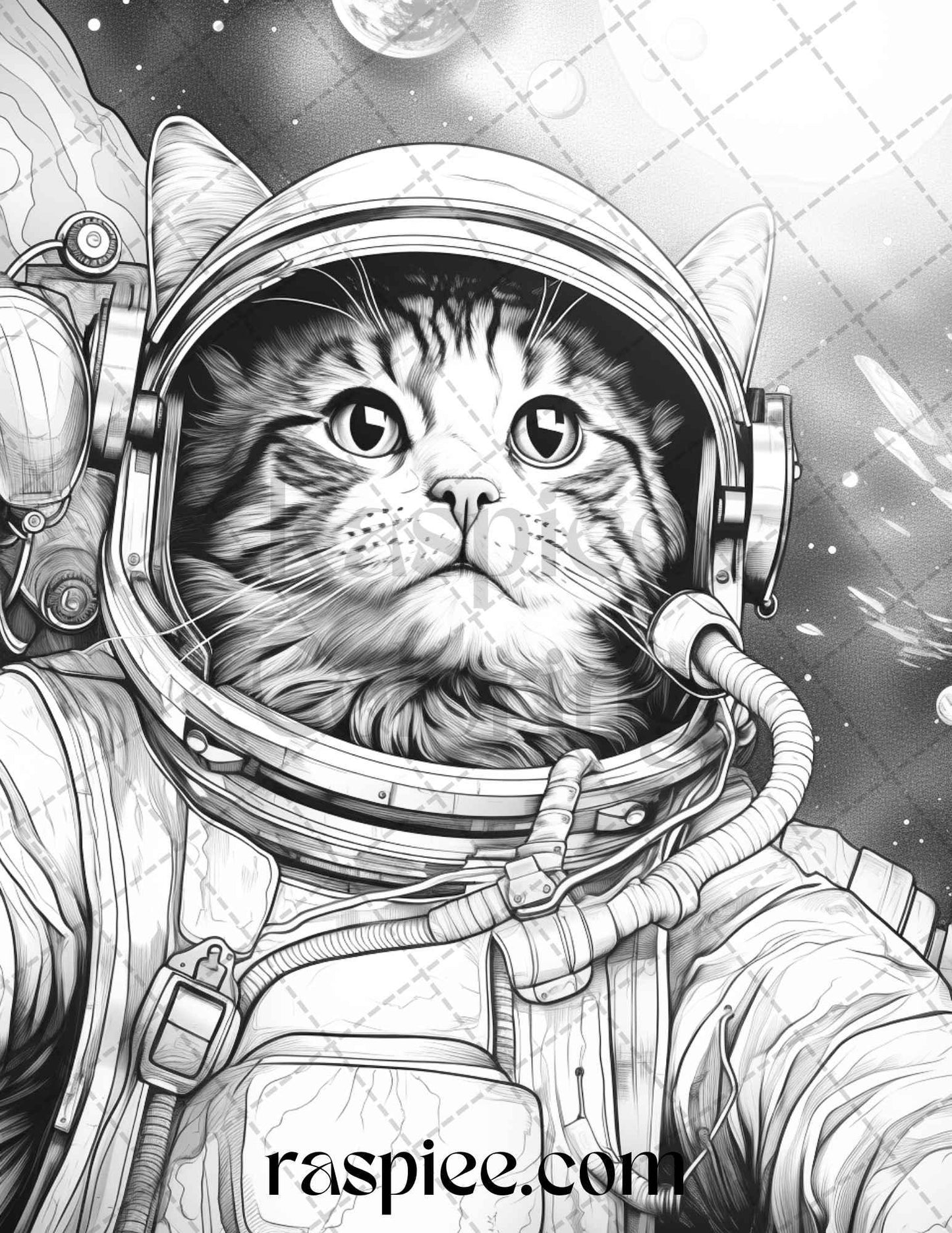 40 Cat Astronaut Grayscale Coloring Pages Printable for Adults Kids, PDF File Instant Download