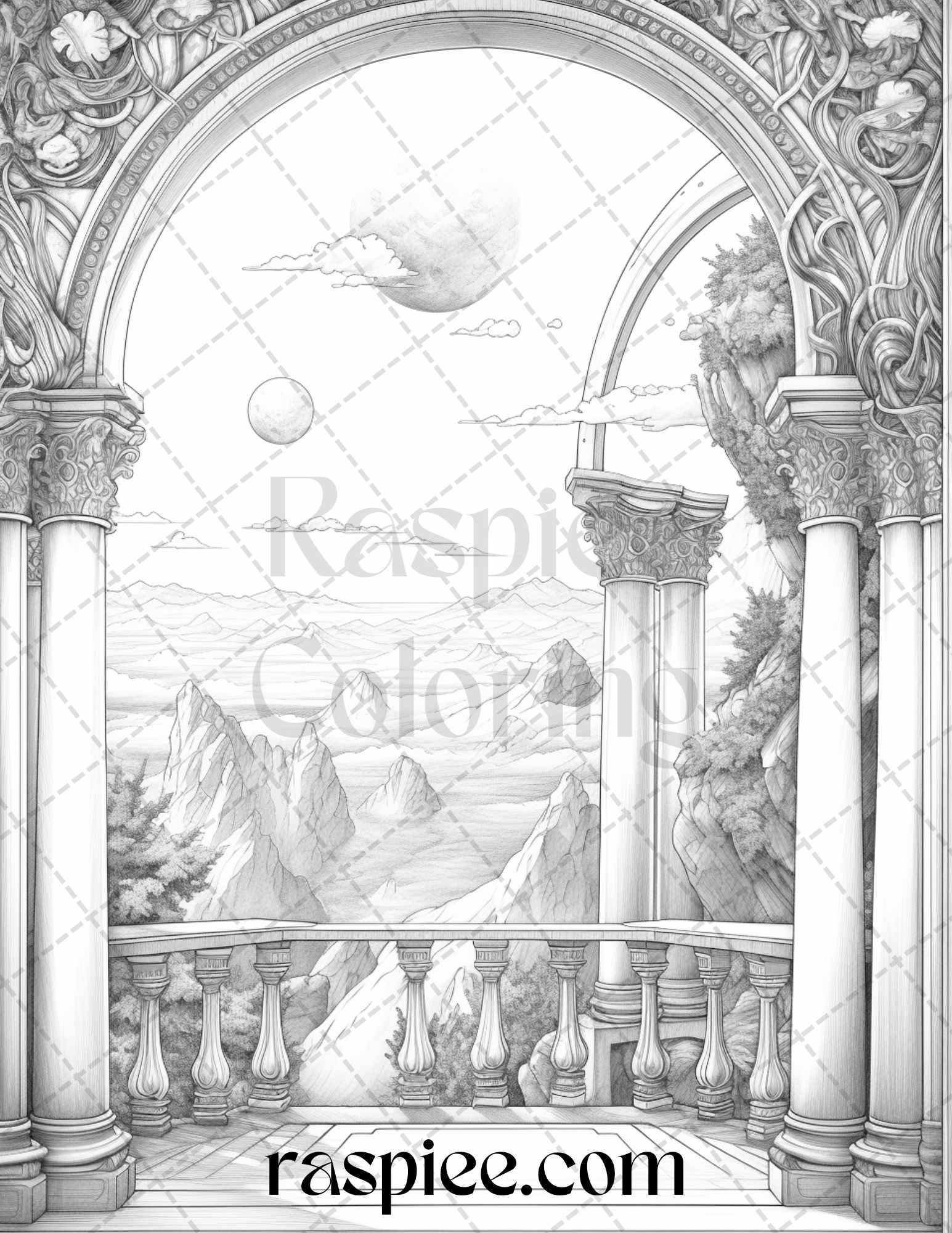 40 Window to Fantasy Worlds Grayscale Coloring Pages Printable for Adults, PDF File Instant Download