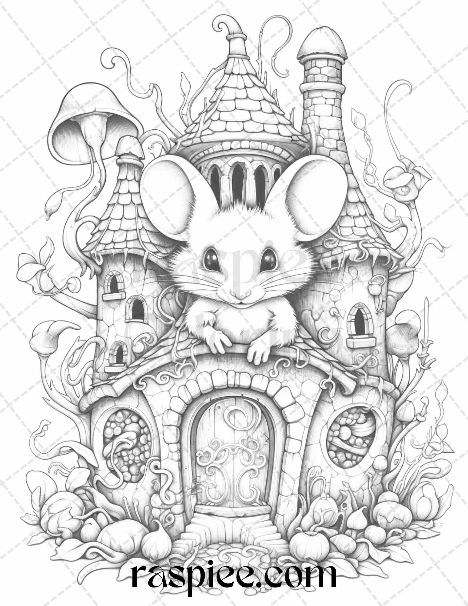 40 Magical Mouse Houses Grayscale Coloring Pages Printable for Adults, PDF File Instant Download