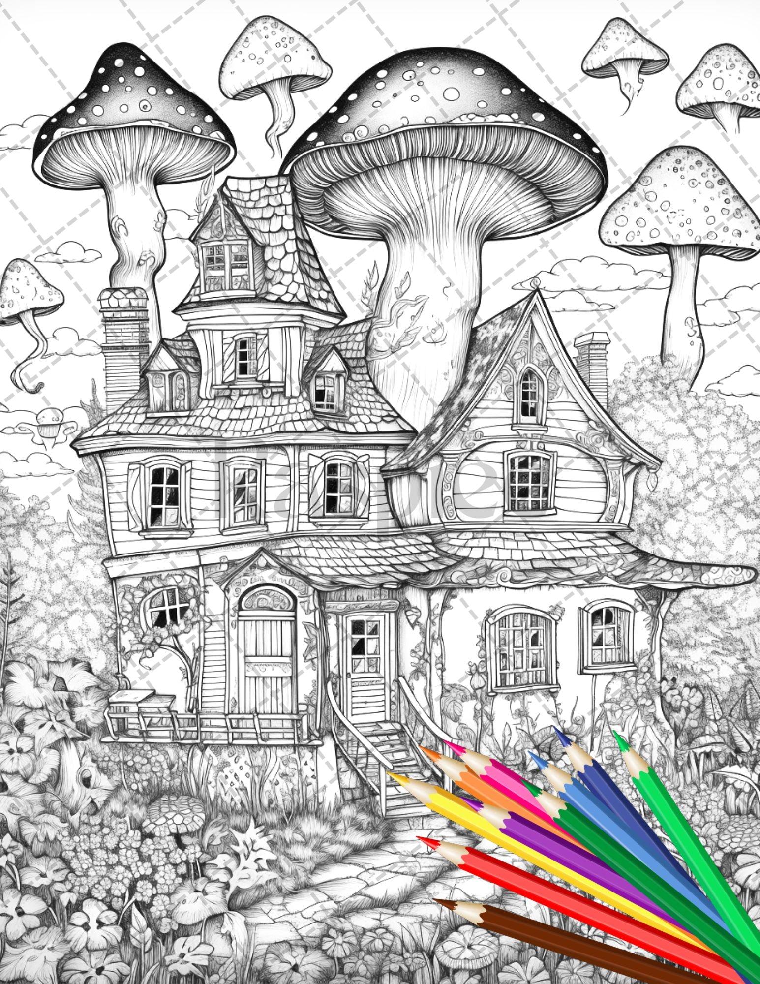 32 Whimsical Mushroom House Coloring Pages for Adults, Grayscale Coloring Book, Printable PDF File Download