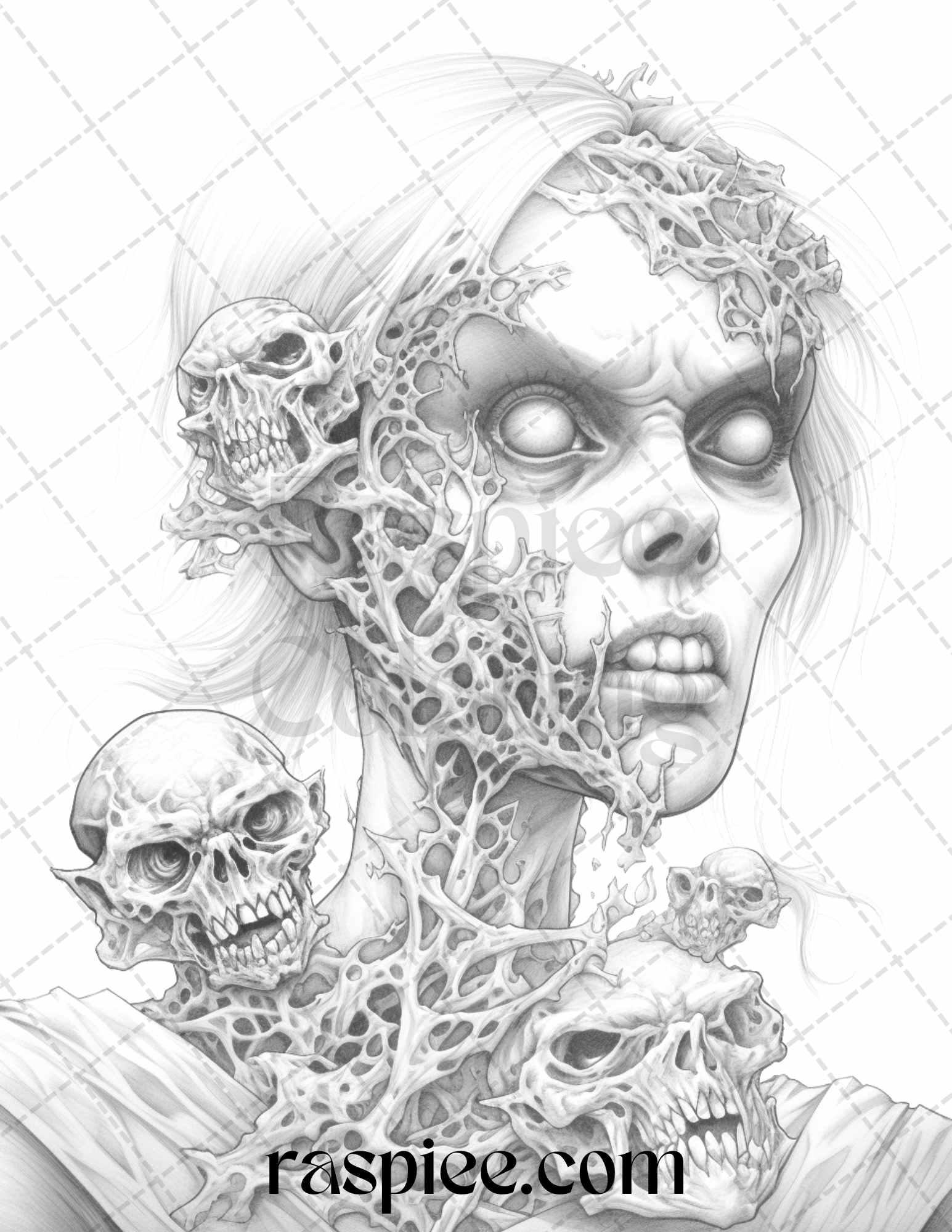 40 Scary Zombie Girls Grayscale Coloring Pages Printable for Adults, PDF File Instant Download