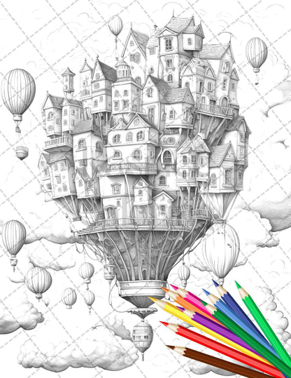 40 Fantasy Sky Houses Grayscale Coloring Pages Printable for Adults, PDF File Instant Download