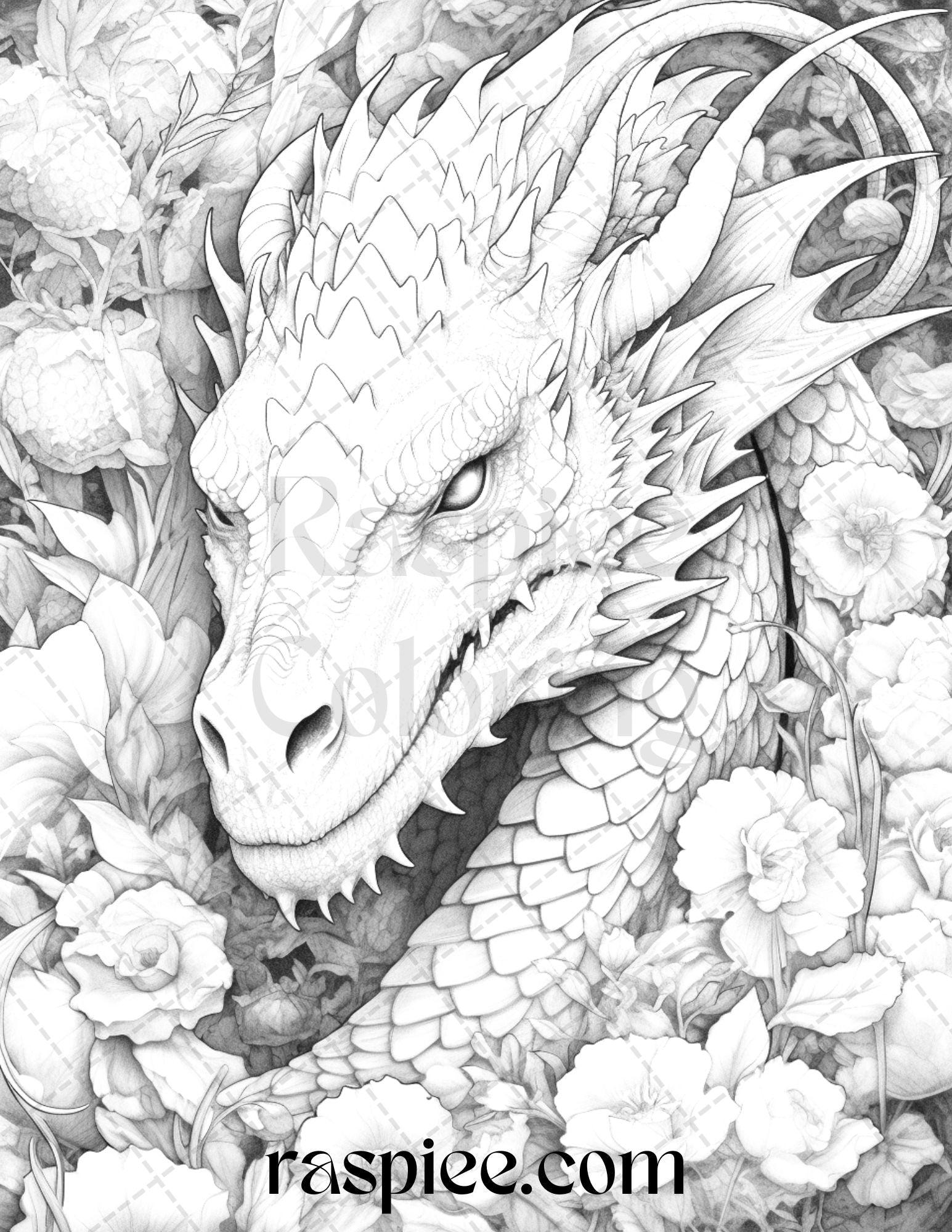 40 Flower Dragon Grayscale Coloring Pages Printable for Adults, PDF File Instant Download