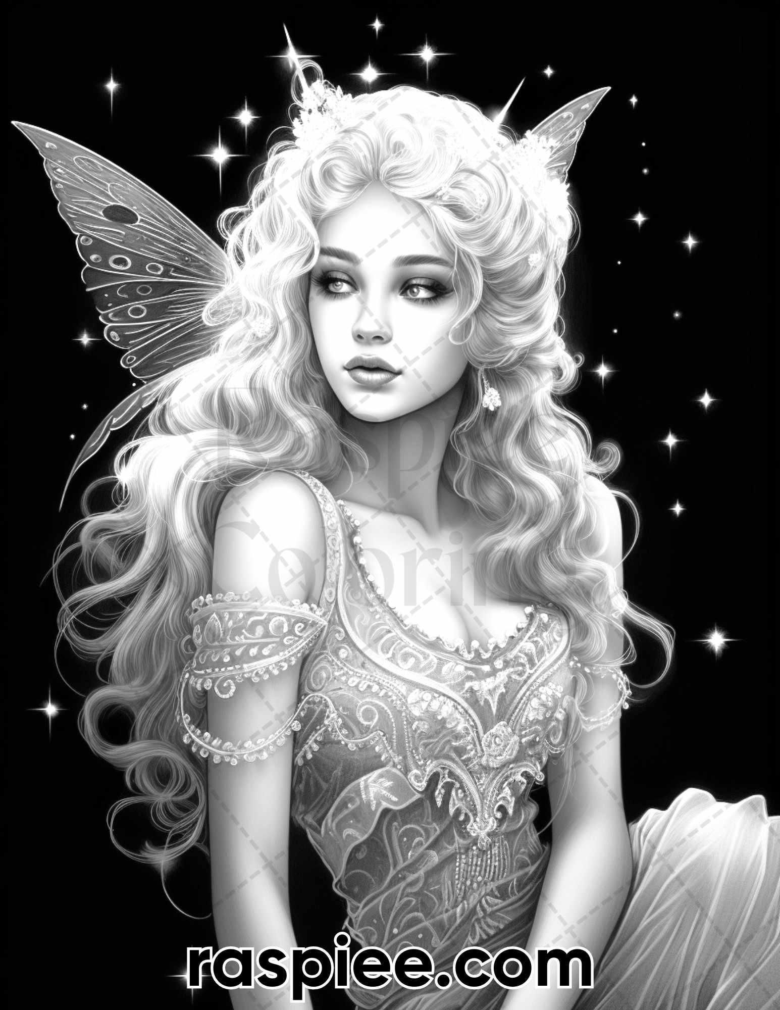 50 Starlight Fairy Grayscale Coloring Pages for Adults, Printable PDF File Instant Download