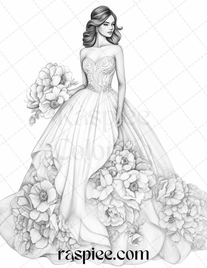 40 Elegant Floral Wedding Dresses Grayscale Coloring Pages Printable for Adults, PDF File Instant Download