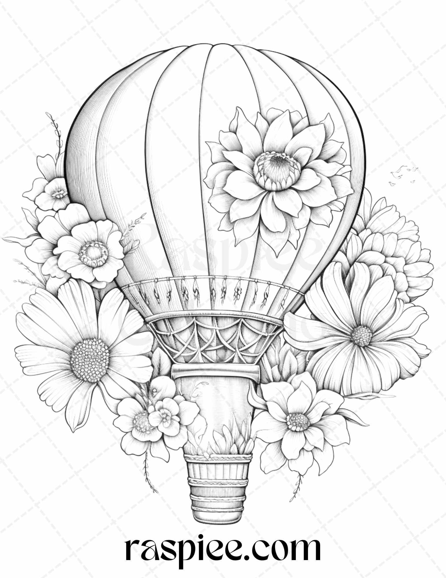 42 Flower Hot Air Balloons Grayscale Coloring Pages Printable for Adults, PDF File Instant Download