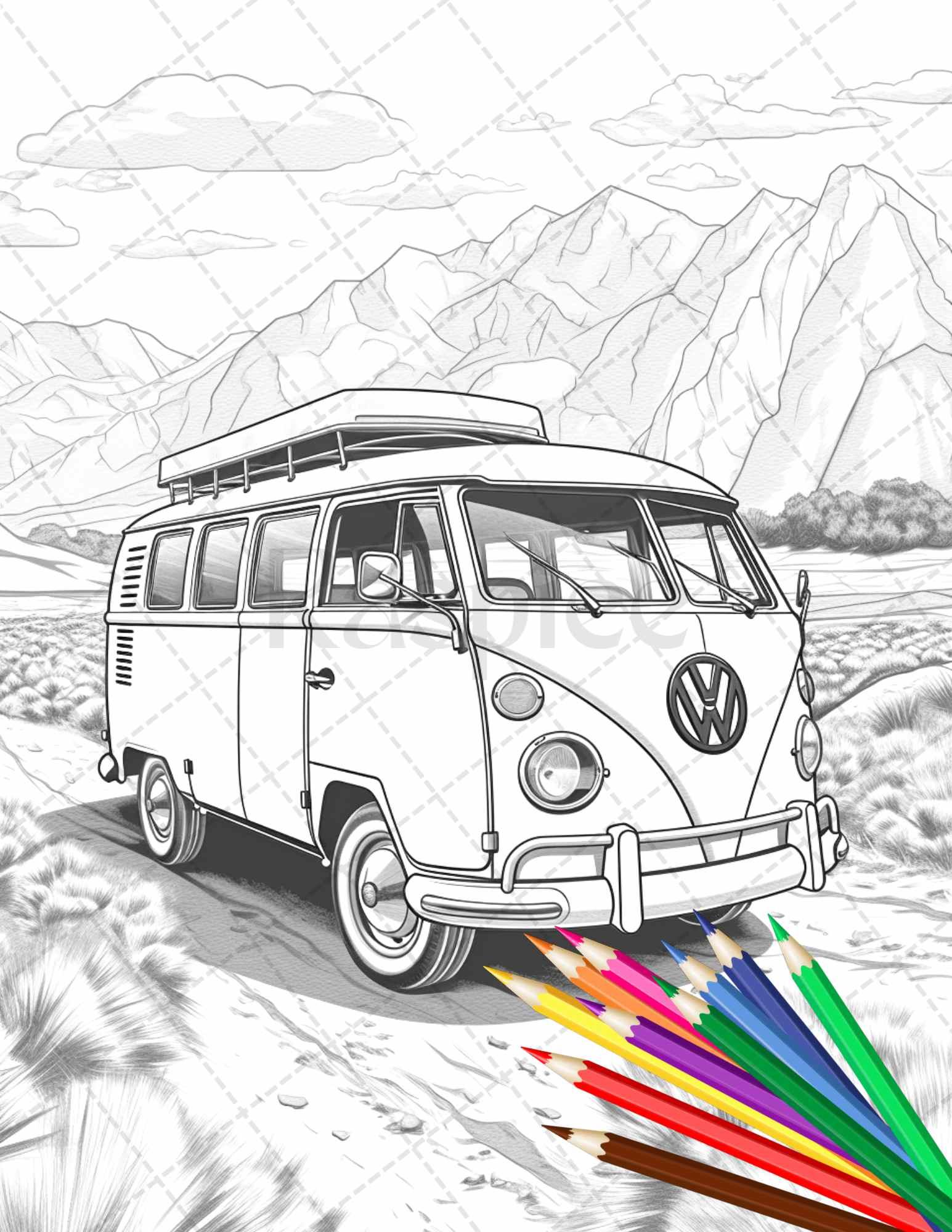 30 Campervan Adventure Grayscale Coloring Pages Printable for Adults, PDF File Instant Download