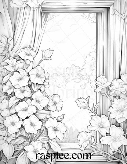 50 Blooming Windows Grayscale Coloring Pages Printable for Adults, PDF File Instant Download