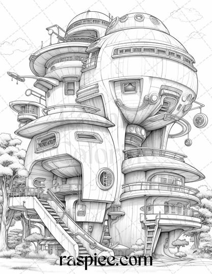 43 Futuristic Houses Grayscale Coloring Pages Printable for Adults, PDF File Instant Download