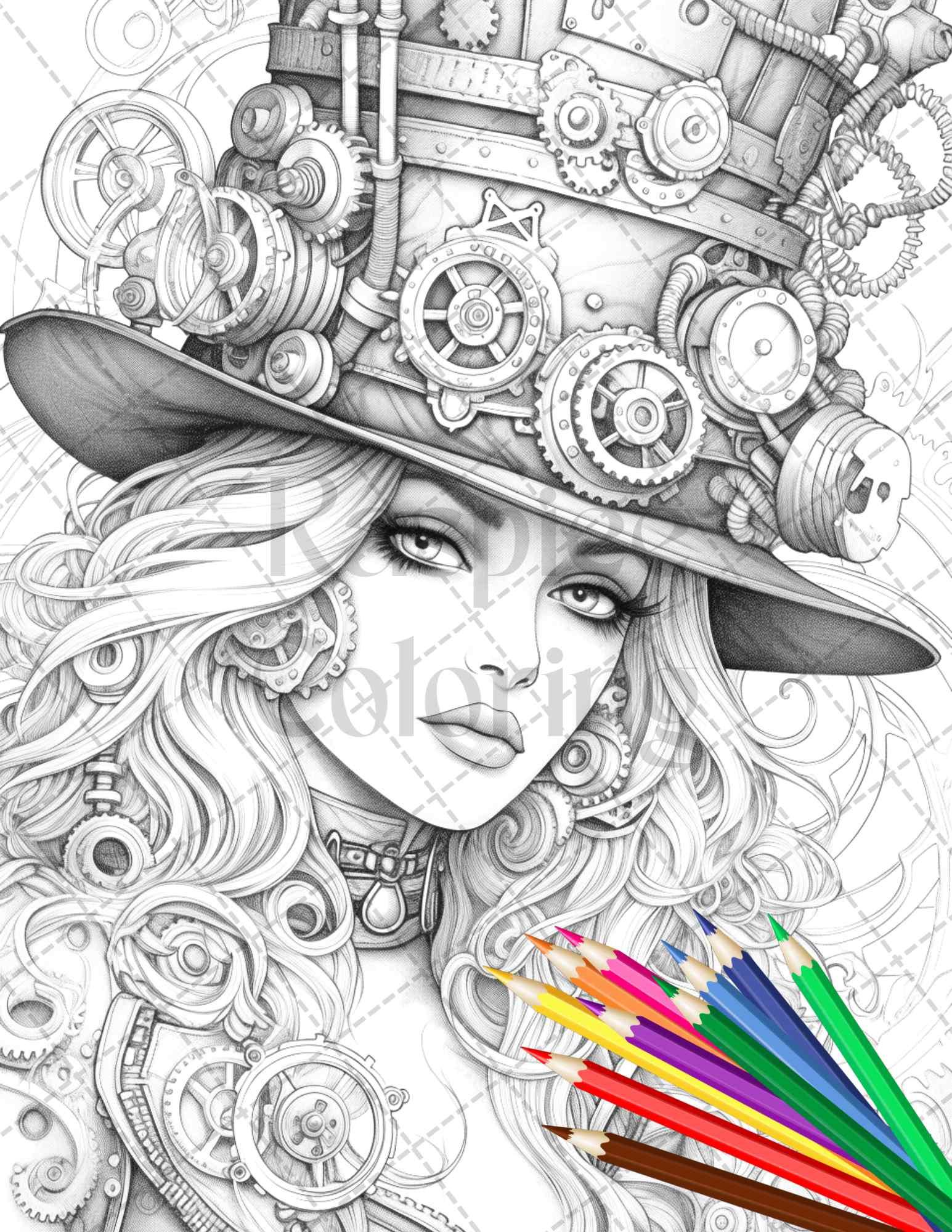 40 Steampunk Ladies Grayscale Coloring Pages Printable for Adults, PDF File Instant Download