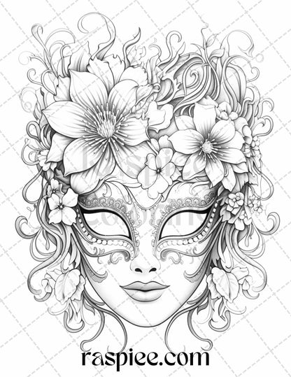 40 Masquerade Masks Grayscale Coloring Pages Printable for Adults, PDF File Instant Download