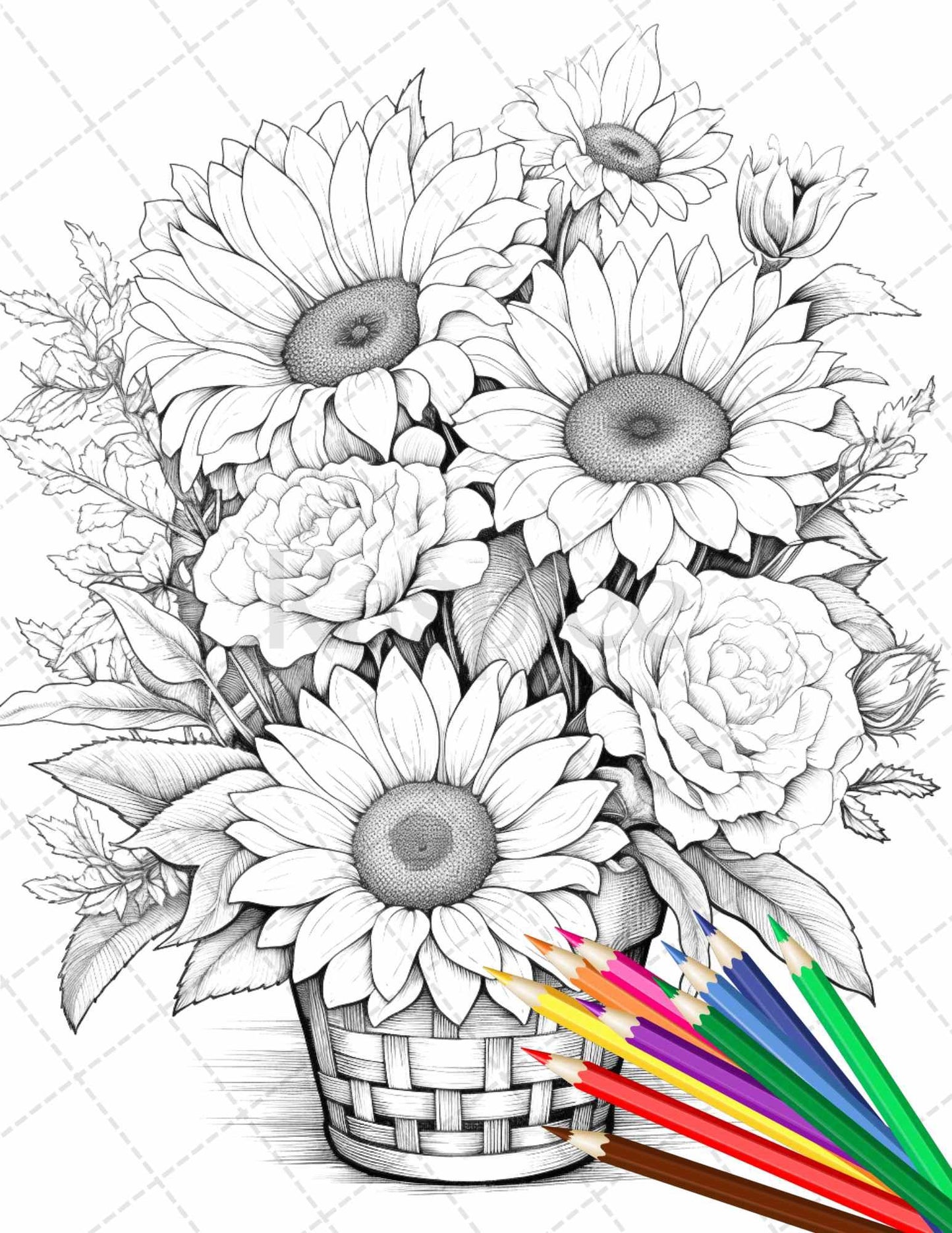 30 Flower Baskets Grayscale Coloring Pages for Adults, PDF File Instant Download